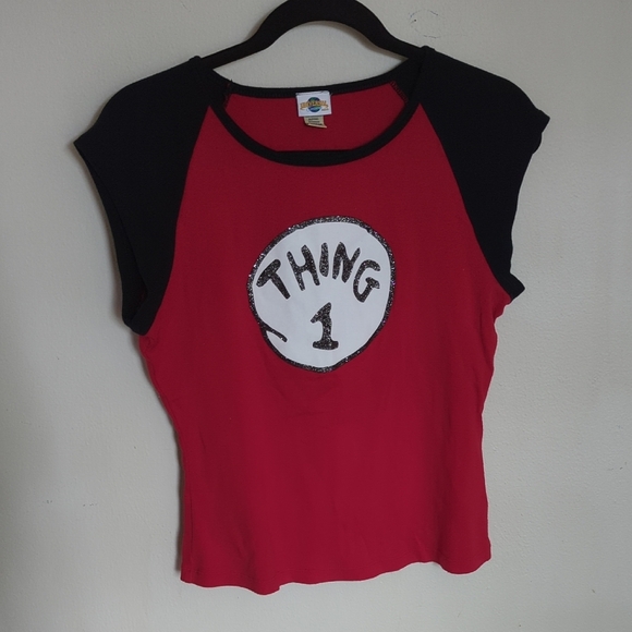 Universal Studios Dr. Seuss Thing 1 and Thing 2 Cap Sleeve T-Shirt Juniors XL - Picture 1 of 7